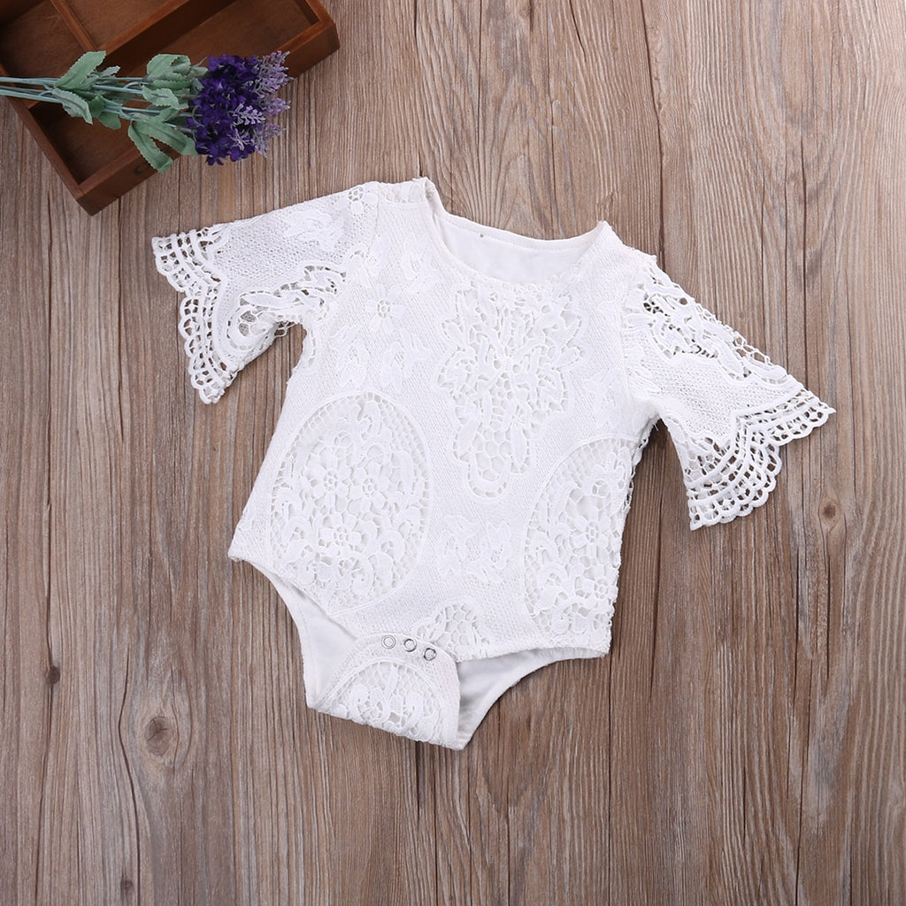 Lovely Baby Girls White ruffles Sleeve  Romper Infant Lace Jumpsuit Clothes Sunsuit Outfits - BabyParadise